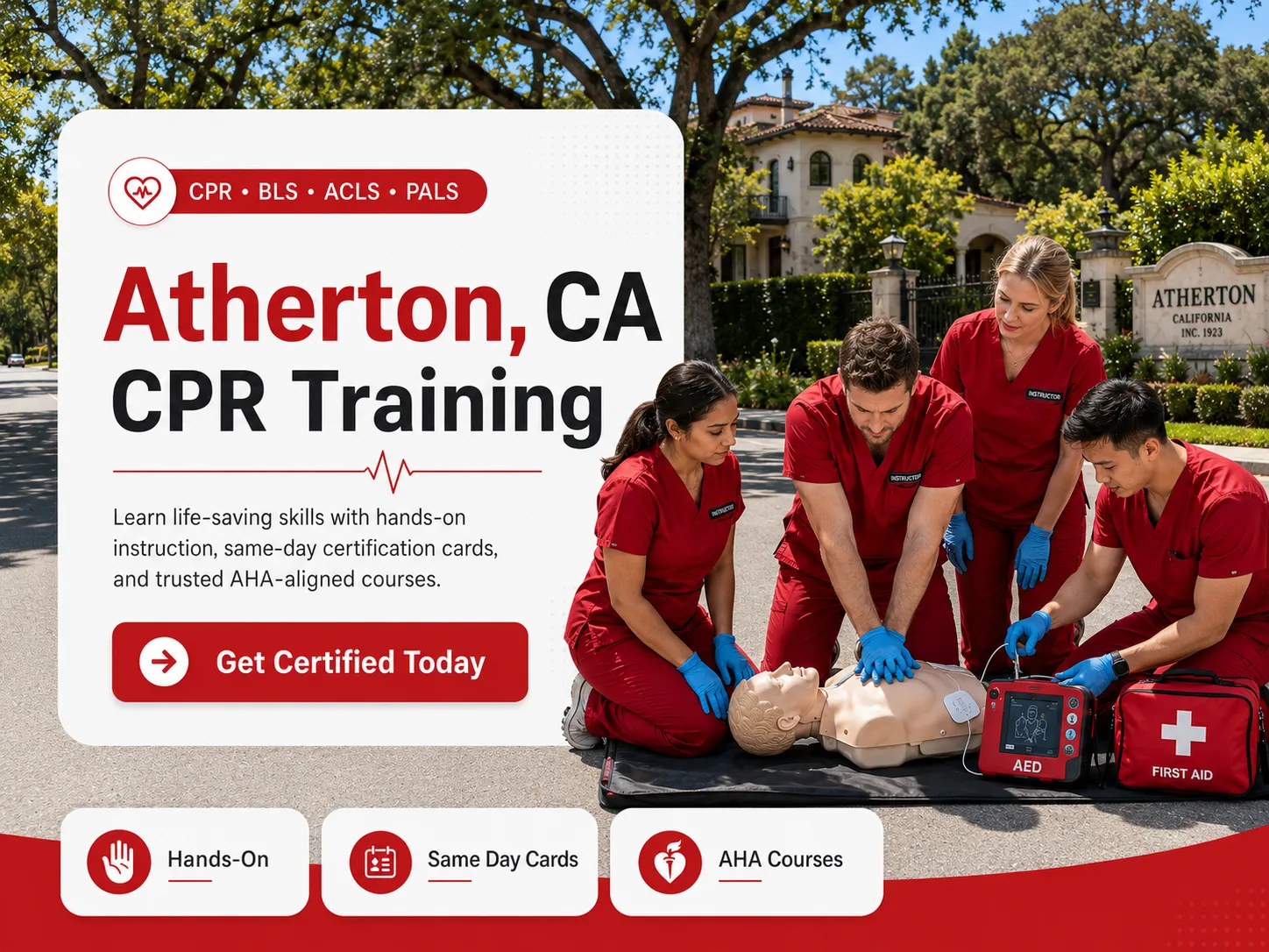 CPR skills practice with AHA-certified trainer in Atherton, CA