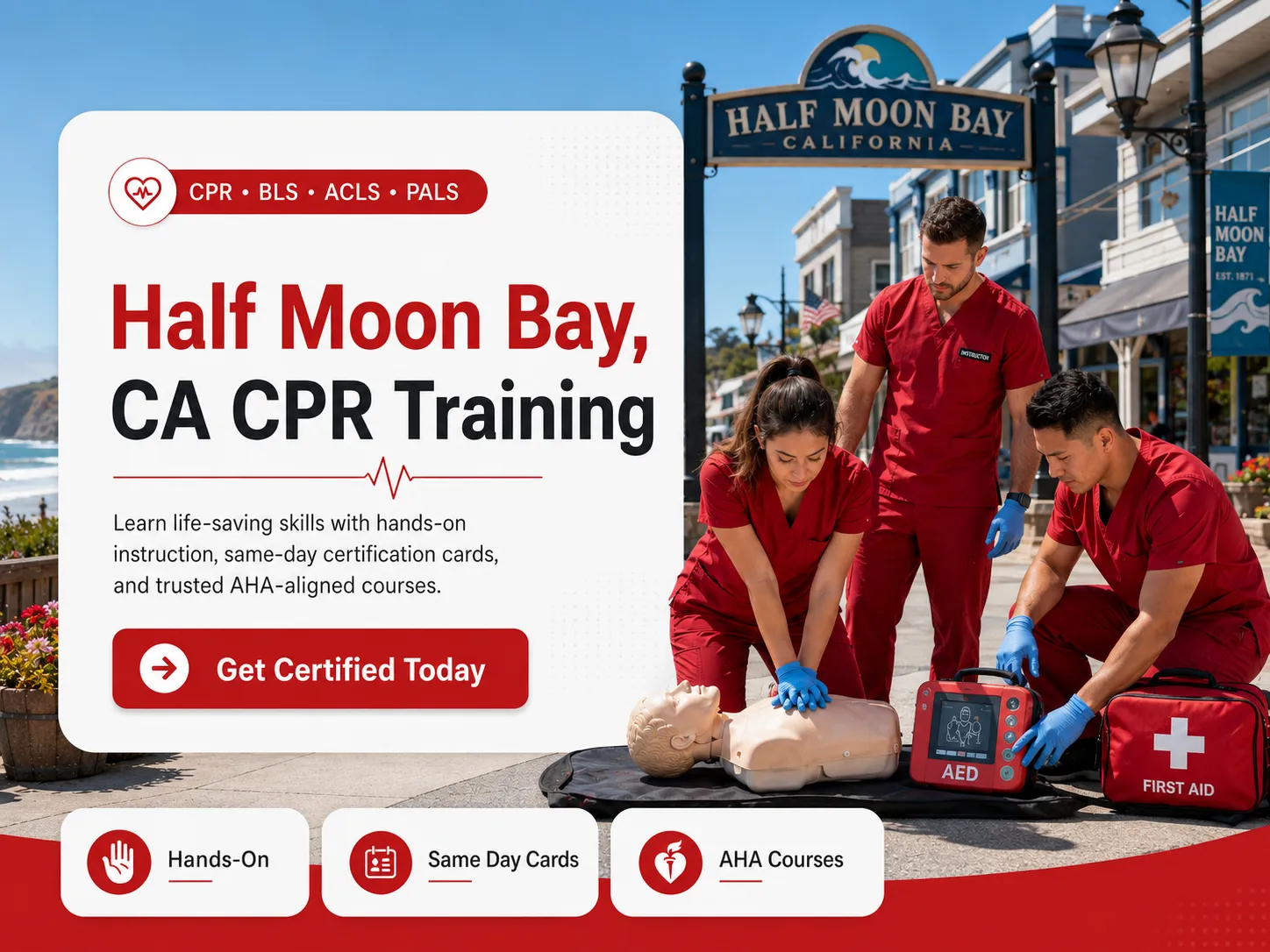 Healthcare BLS skills practice with AHA instructor in Half Moon Bay, CA